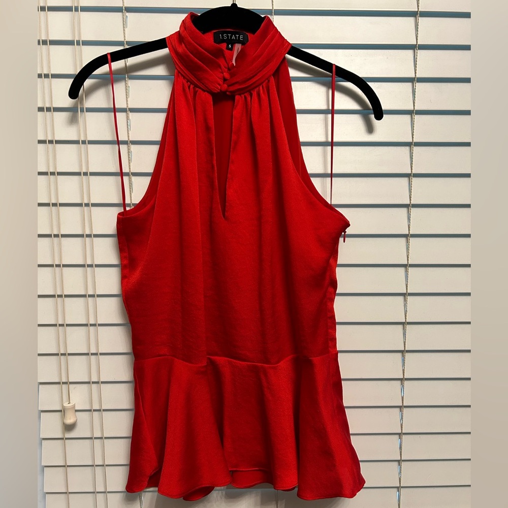 1.State Sleeveless Peplum Red Satin Top - Small